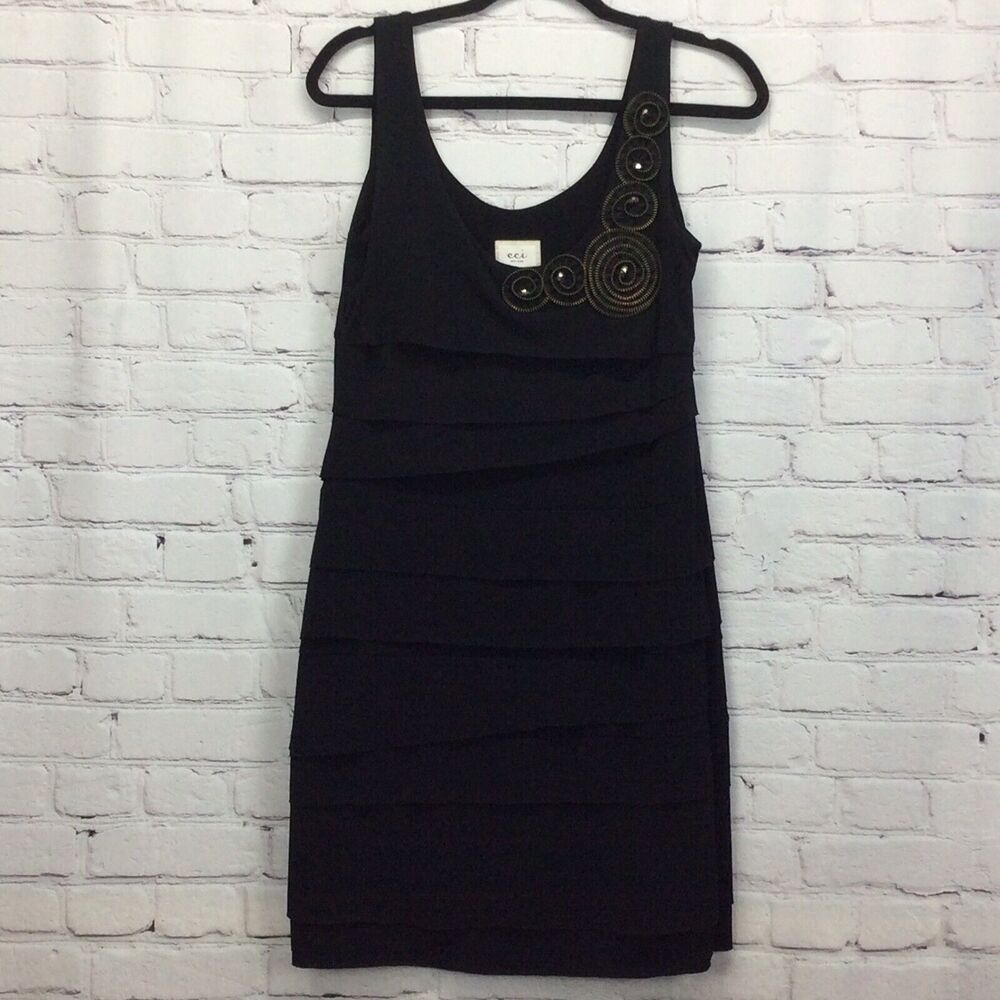 eci Sheath Dress Women's Size 6 Black Cruise Zippered Accents Sleeveless Tiered